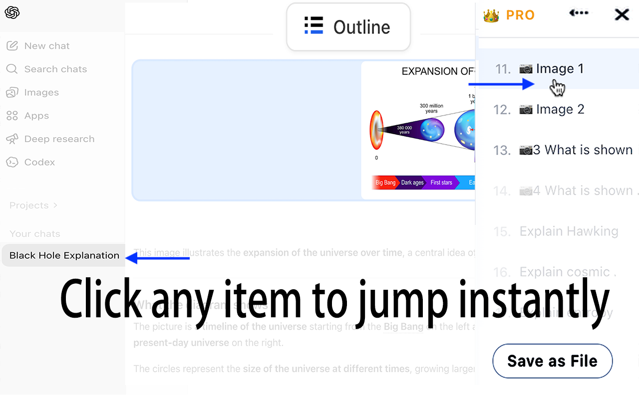 ChatGPT Outline preview showing image navigation and jump-to-item behavior.